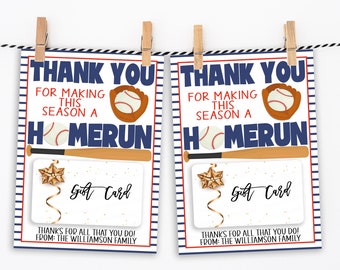 May include: Two red, white, and blue baseball-themed gift card holders with a gold star and ribbon. The text reads "Thank You for making this season a homerun".