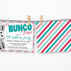 May include: A colourful invitation for a Bunco game. The invitation features a turquoise and white striped background with dice and hearts. The text reads "It's Bunco Time! Hosted by The William's Family. Thursday, February 13th at 5:00pm. The William's Family Residence 5555 Virginia View Ln. 55555. Please join us for a fun game of Bunco. Food & drinks provided. Let the good times roll! RSVP by February 1st with Michelle 555-555-5555."
