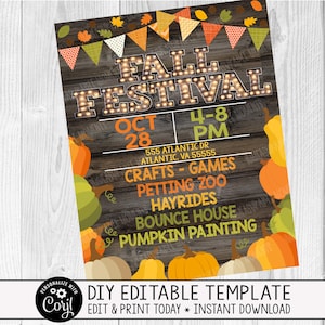 EDITABLE Fall Festival Flyer Invitation, Kids Fall Event, Community Harvest Event Flyer Invitation, Instant Download Printable