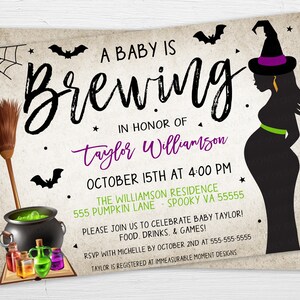 Halloween A Baby Is Brewing Baby Shower Invitation, Fall Halloween Couples Gender Revel Invite, Editable Printable, Monster Little Boo image 2