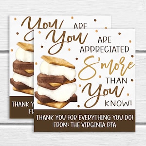 S'more Appreciation Gift Tag, Você é apreciado S'more Than You Know, Funcionário Professor Equipe Escola PTA PTO Enfermeira Voluntária, Editável