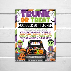 Puede incluir: Un folleto colorido para un evento Trunk or Treat en la escuela primaria Lakeside el 30 de octubre de 3 a 7 pm. El folleto presenta un cami&oacute;n de dibujos animados decorado para Halloween con dulces y calabazas. El evento incluye un concurso de decoraci&oacute;n de autom&oacute;viles, palomitas de ma&iacute;z, bebidas, premios, un castillo inflable, un laberinto de ma&iacute;z y entrada gratuita y estacionamiento.