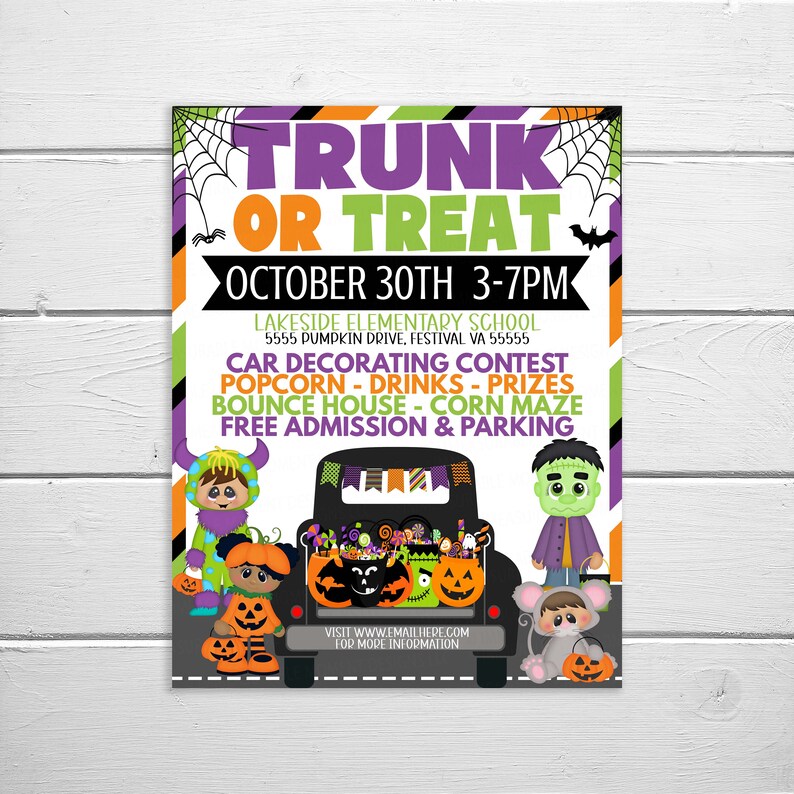 Puede incluir: Un folleto colorido para un evento Trunk or Treat en la escuela primaria Lakeside el 30 de octubre de 3 a 7 pm. El folleto presenta un cami&oacute;n de dibujos animados decorado para Halloween con dulces y calabazas. El evento incluye un concurso de decoraci&oacute;n de autom&oacute;viles, palomitas de ma&iacute;z, bebidas, premios, un castillo inflable, un laberinto de ma&iacute;z y entrada gratuita y estacionamiento.