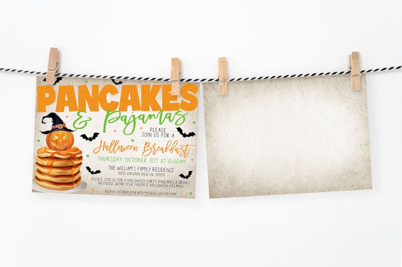 Inbjudan till Halloween-pannkakor och pyjamasfest, redigerbar födelsedags-pyjamasfestinbjudan, brunch, frukost, skolklassrumsfest, föräldraledamot, föräldraledamot, vintage bild 4