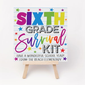 Zesde klas Survival Kit Gift Tag, 6e klas afdrukbaar bewerkbaar label, Welkom terug middelbare school PTO PTA cadeau-ideeën leraren personeel studenten