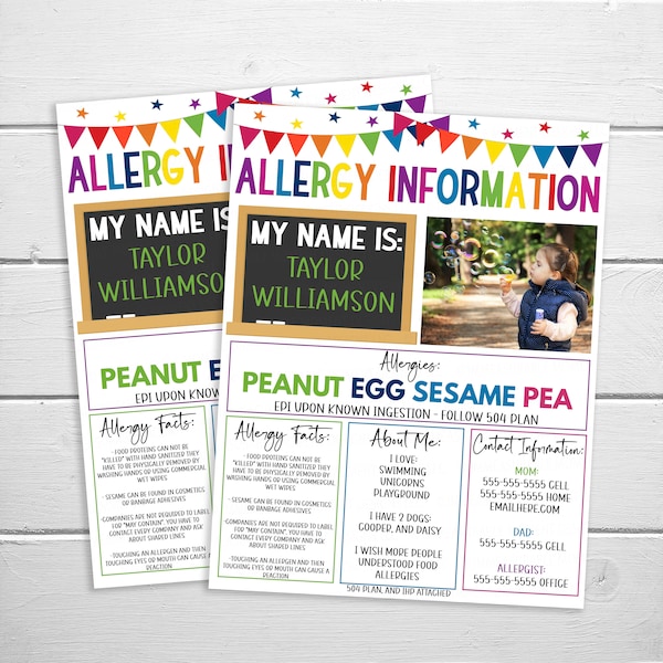 Editable Food Allergy Information Sheet Flyer, Printable School Daycare Preschool Camp, All About Allergies, 504 Plans IHP Medical Plans