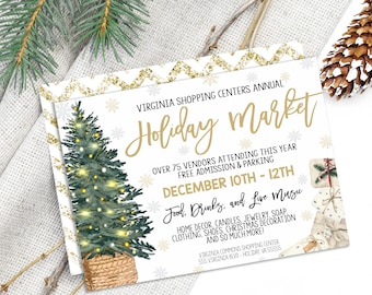 May include: Holiday Market announcement with a watercolor Christmas tree and gold text. The flyer promotes the Virginia Shopping Centers Annual Holiday Market, with over 75 vendors, free admission, and parking from December 10th to 12th.