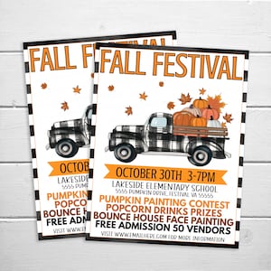 Puede incluir: Un folleto para un Festival de Oto&ntilde;o en la Escuela Primaria Lakeside. El folleto presenta una camioneta de recogida a cuadros blanco y negro con calabazas en la caja. El texto del folleto dice "Festival de Oto&ntilde;o", "30 de octubre 3-7pm", "Concurso de pintura de calabazas", "Premios de bebidas de palomitas de ma&iacute;z", "Castillo inflable pintura de cara", "Entrada gratuita 50 vendedores", y "Visite www.emailhere.com para m&aacute;s informaci&oacute;n".