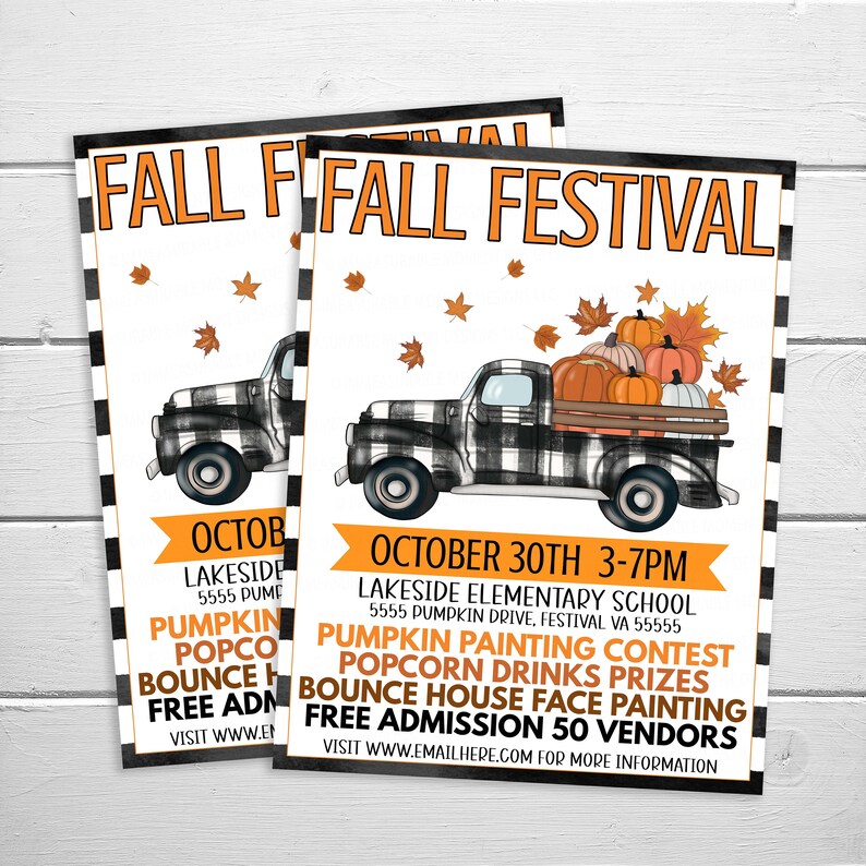Puede incluir: Un folleto para un Festival de Oto&ntilde;o en la Escuela Primaria Lakeside. El folleto presenta una camioneta de recogida a cuadros blanco y negro con calabazas en la caja. El texto del folleto dice "Festival de Oto&ntilde;o", "30 de octubre 3-7pm", "Concurso de pintura de calabazas", "Premios de bebidas de palomitas de ma&iacute;z", "Castillo inflable pintura de cara", "Entrada gratuita 50 vendedores", y "Visite www.emailhere.com para m&aacute;s informaci&oacute;n".