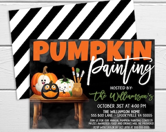 May include: Invitation to a pumpkin painting event hosted by the Williamson's on October 31st at 4:00 PM. The event will be held at 555 Boo Lane, Spookyville VA 55555. The invitation features a chalkboard background with a drawing of pumpkins and paintbrushes. The text "Pumpkin Painting" is written in orange and white lettering.