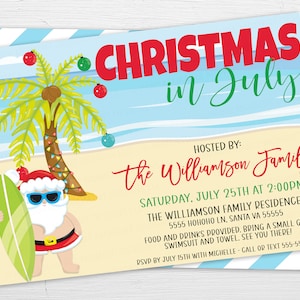 Christmas In July Invitation, Tropical Summer Christmas Party Invite, Santa Holiday Theme, Summer Pool Party, Editable Printable Template