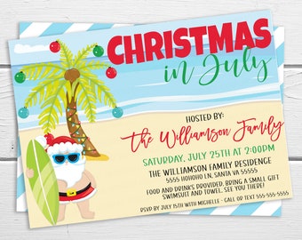 Christmas In July Invitation, Tropical Summer Christmas Party Invite, Santa Holiday Theme, Summer Pool Party, Editable Printable Template