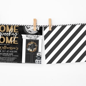May include: Black and gold Halloween party invitation with a spooky house illustration. The text reads "Home Spooky Home" and "Hosted by the Williamson's". The invitation includes the date, time, address, and RSVP information.