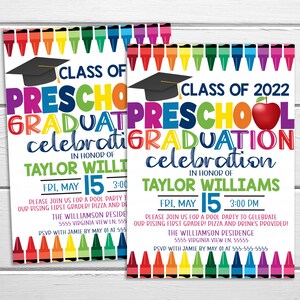 May include: A colorful invitation for a preschool graduation celebration. The invitation features a graduation cap, an apple, and a row of crayons. The text reads "Class of 2022 Preschool Graduation Celebration in honor of Taylor Williams. Fri, May 15, 3:00 PM. Please join us for a pool party to celebrate our rising first grader! Pizza and drinks provided! The Williamson Residence 5555 Virginia View Ln, 55555. RSVP with Jamie by May 01 at 555-555-5555."