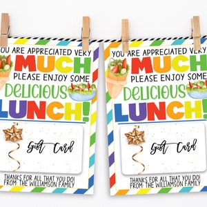 Lunch Cadeaukaarthouder, Bedankkaartje, Wrap Sandwich Health Food Brunch, Leraar Schoolpersoneel Werknemer Vrijwilliger Verpleegkundige PTO PTA Bewerkbaar