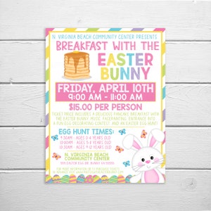 May include: A pink and white flyer with a colourful striped border. It advertises a "Breakfast with the Easter Bunny" event at the N. Virginia Beach Community Centre. The flyer includes a picture of a stack of pancakes, a bunny rabbit, and butterflies. The event is on Friday, April 10th from 9:00 AM to 11:00 AM and costs £15.00 per person. The event includes a pancake breakfast, music, face painting, an egg decorating contest, and an Easter egg hunt.
