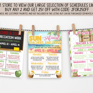 May include: Three printable teacher appreciation week schedules with different themes. The first schedule is a chalkboard with apples and the text "Teacher & Staff Appreciation Week, Virginia Elementary School, April 10 - April 14". The second schedule is a beach theme with a flamingo and the text "Sun-sational Teachers and Staff, Virginia Beach Elementary School, Teacher and Staff Appreciation Week, April 10 - April 14". The third schedule is a floral theme with a suitcase and the text "Teacher & Staff Appreciation Week, Virginia Beach Elementary School, April 3 - April 7".