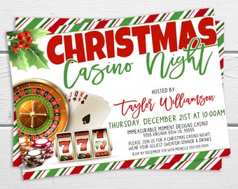 Puede incluir: Una invitación a una noche de casino de Navidad con un fondo a rayas de bastón de caramelo rojo y verde. La invitación presenta una ruleta, cartas de juego y una máquina tragamonedas. El texto dice "Noche de casino de Navidad" y "Organizado por: Taylor Williamson".