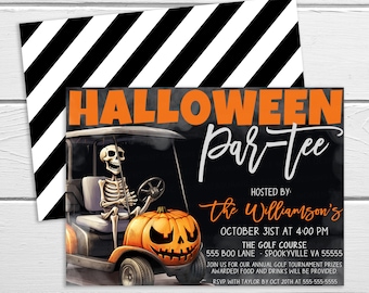 Puede incluir: Invitación a una fiesta de golf de Halloween con un esqueleto conduciendo un carrito de golf con una calabaza tallada. El texto dice "Halloween Par-tee" y "Hosted by: the Williamson's".
