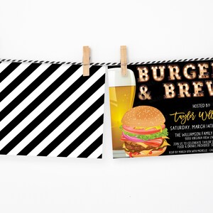 May include: Burgers & Brews party invitation with a black and white striped background. The invitation features a cartoon burger and a glass of beer. The text reads "Burgers & Brews" in gold letters with light bulbs. The invitation is hosted by Tayler Williamson and is for Saturday, March 14th at 5:00 PM at the Williamson Family Residence. The address is 5515 Virginia View in 58555. The invitation also includes the text "Join us to celebrate Tayler's 40th Birthday. Food & Drinks Provided. See you there!"