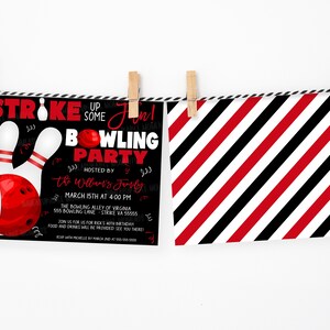 May include: A black and white striped background with a red and white striped pattern. A black and white invitation with red bowling pins and a red bowling ball. The invitation reads "Let's Strike Up Some Fun! Bowling Party Hosted by The Williams Family March 15th at 4:00 PM The Bowling Alley of Virginia 555 Bowling Lane - Strike VA 55555 Join us for Rick's Birthday Food and drinks will be provided. See you there!"