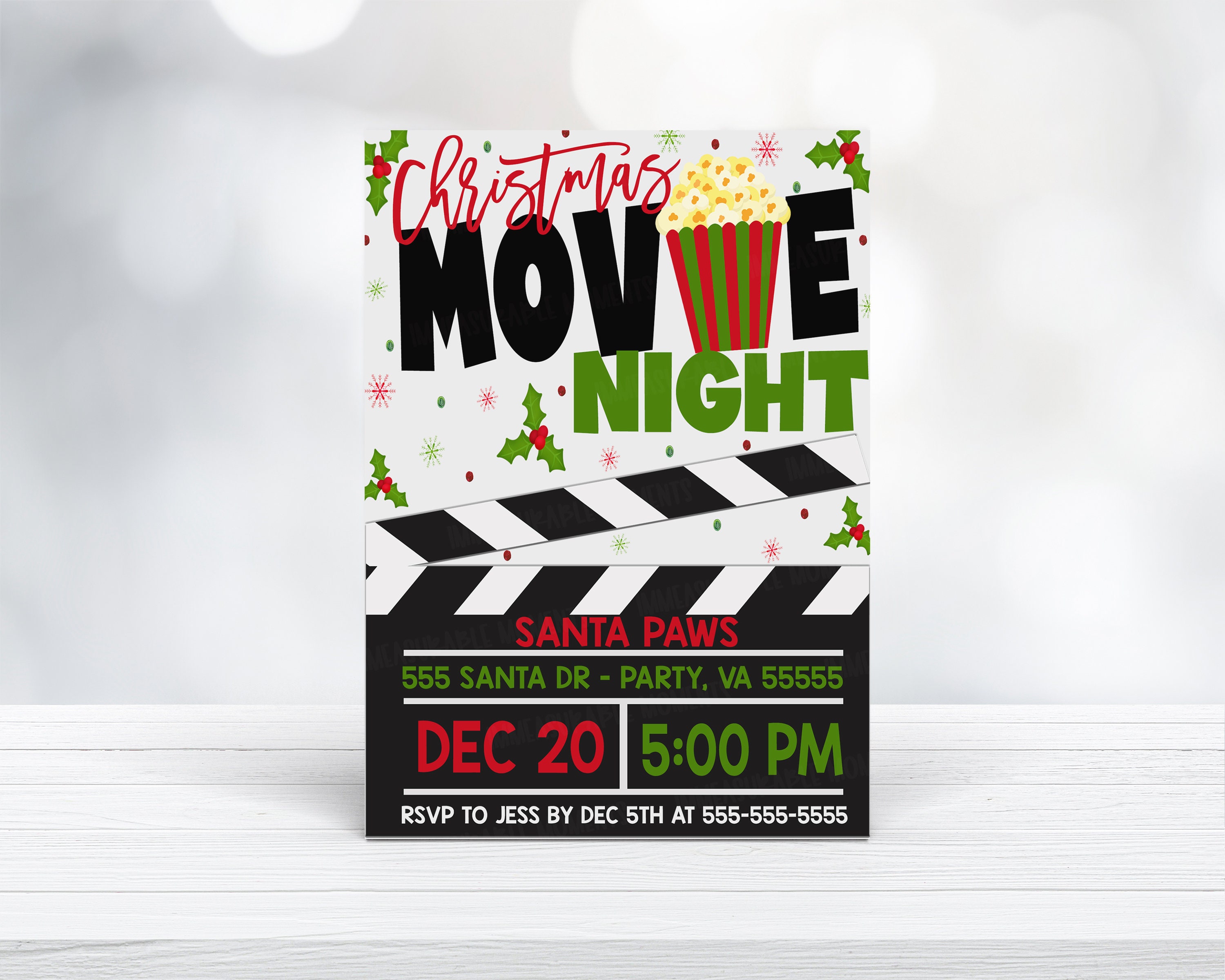 Christmas Movie Night Invitation Flyer, Editable, Family Movie Night