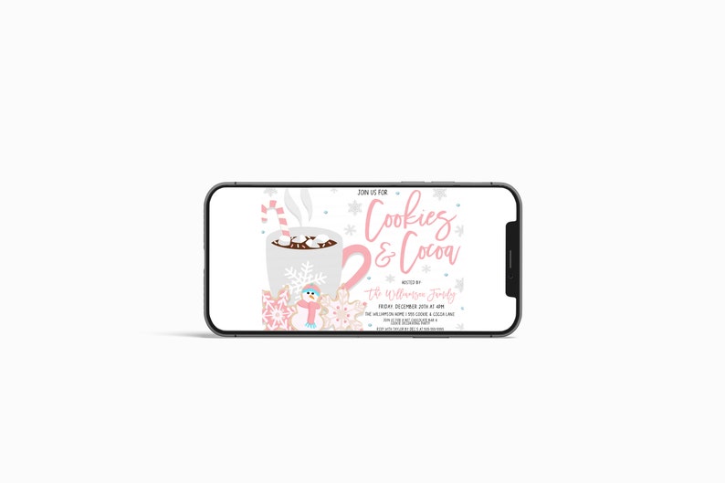 May include: A pink and white digital invitation for a Cookies & Cocoa party hosted by the Williamson family on December 10th at 4 pm. The invitation features a cartoon illustration of a mug of hot cocoa with marshmallows and a candy cane.