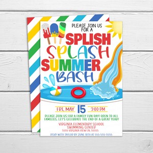 May include: A colorful invitation for a summer bash with a pool, beach ball, and a life preserver. The text reads "Splish Splash Summer Bash" with the date "Fri, May 15, 3:00 PM".