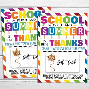 Titular de la tarjeta de regalo de verano, fin de la escuela, la escuela está fuera El verano está aquí Gracias, Tema de helado de paleta, Maestro PTO PTA EDITABLE