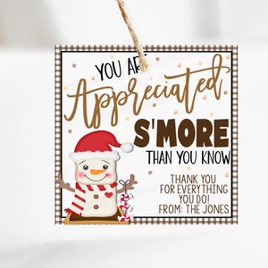 Puede incluir: Una etiqueta de regalo a cuadros marrones y blancos con una ilustraci&oacute;n de mu&ntilde;eco de nieve y el texto "You are appreciated s'more than you know. Thank you for everything you do! From: The Jones."