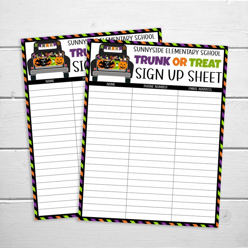 May include: A printable sign-up sheet for a Trunk or Treat event at Sunnyside Elementary School. The sheet features a black and white illustration of a car decorated for Halloween with pumpkins, candy, and bats. The sign-up sheet has columns for name, phone number, and email address.