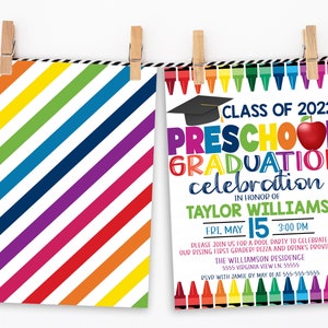 May include: A colorful invitation for a preschool graduation celebration. The invitation features a rainbow striped background, a graduation cap, and the text "Class of 2022 Preschool Graduation celebration in honor of Taylor Williams Fri, May 15 3:00 PM Please join us for a pool party to celebrate our rising first grader! Pizza and drinks provided! The Williamson Residence 5555 Virginia View Ln, 55555 RSVP with Jamie by May 01 at 555-555-5555".