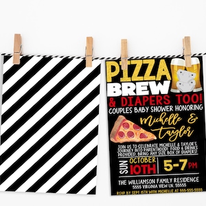 May include: Black and white striped background with a black and gold invitation for a couples baby shower. The invitation says "Pizza Brew & Diapers Too!" and features a pizza slice and a beer mug. The event is on Sunday, October 10th from 5-7 PM at the Williamson Family Residence.