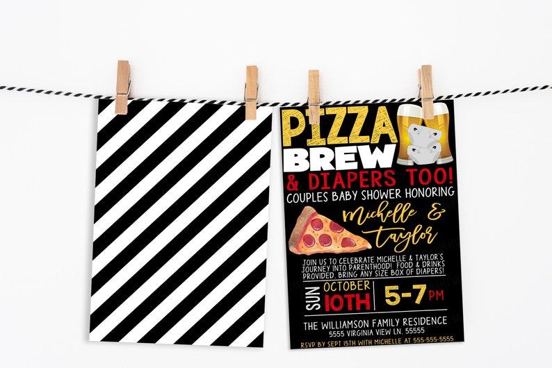 May include: Black and white striped background with a black and gold invitation for a couples baby shower. The invitation says "Pizza Brew & Diapers Too!" and features a pizza slice and a beer mug. The event is on Sunday, October 10th from 5-7 PM at the Williamson Family Residence.