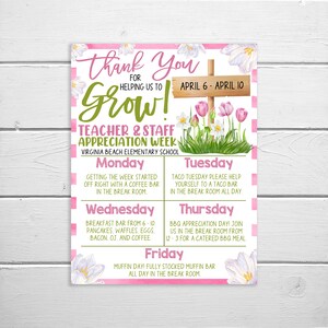 Folleto de programación del itinerario de agradecimiento al personal docente, gracias por ayudarnos a crecer, eventos de programación de carteles, tema del jardín floral de primavera