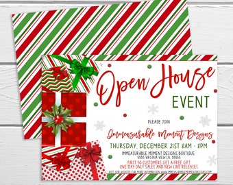 May include: A Christmas-themed open house event invitation with a red and green striped background. The invitation features a stack of wrapped presents with red and white polka dots, red and green stripes, and a green and white chevron pattern. The text reads "Open House Event" and "Immeasurable Moment Designs".