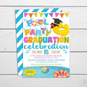 May include: Pool party graduation celebration invitation featuring a yellow rubber duck wearing a graduation cap and sunglasses. The invitation is decorated with colourful flags, water drops, and pool floats. The text on the invitation reads "Pool Party Graduation Celebration", "Fri, May 15, 3:00 PM", "Please join us to celebrate our rising kindergarten class of 2022!", "Virginia Elementary School Lunchroom", "5555 Virginia View Ln. 55555", and "Snacks and drinks following ceremony."
