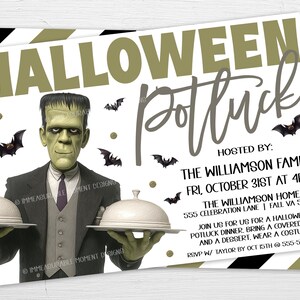 May include: Halloween potluck invitation featuring a cartoon Frankenstein character holding covered dishes. The invitation includes text with event details, bats, and a striped background. Hosted by The Williamson Family.
