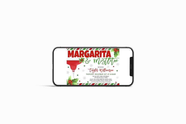 Inbjudan till julfest med margarita och mistel, inbjudan till vintersemestercocktailparty, redigerbar utskrivbar mall för damernas julafton bild 5