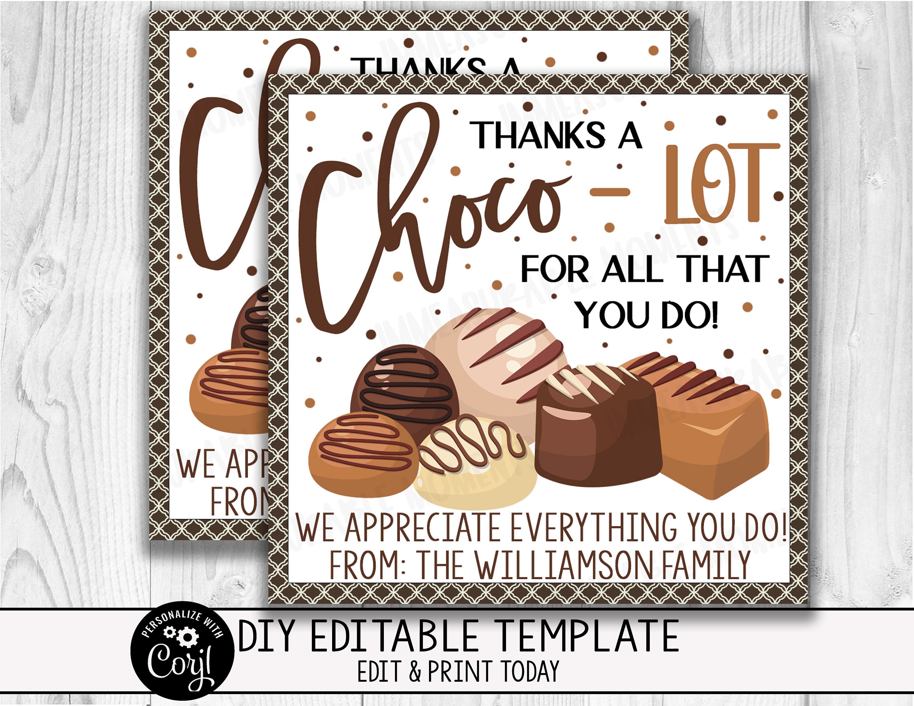 EDITABLE Chocolate Appreciation Gift Tag, Favor Tag, Employee Teacher ...