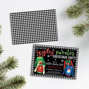 醜いセーターのクリスマスパーティー招待状、醜いセーターのコンテスト、ギフト交換、クリスマスディナーランチパーティー、ホリデーパーティー、編集可能 画像 2