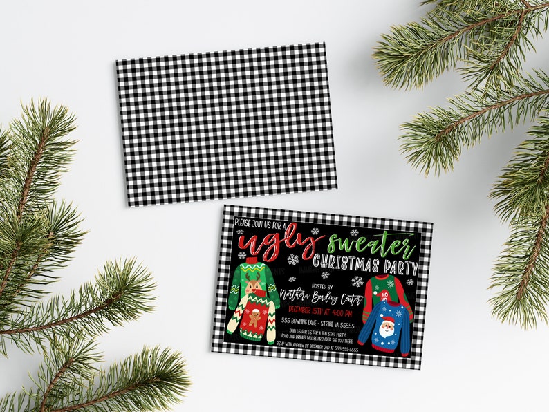 醜いセーターのクリスマスパーティー招待状、醜いセーターのコンテスト、ギフト交換、クリスマスディナーランチパーティー、ホリデーパーティー、編集可能 画像 2