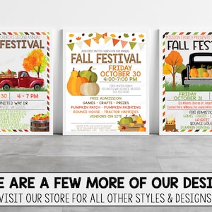 Op de afbeelding: Drie kleurrijke flyers voor een herfstfestival met een rode, zwarte en witte pick-up truck met pompoenen in de laadbak. De flyers adverteren voor gratis toegang, spelletjes, knutselen, prijzen, een pompoenveld, pompoenschilderen, springkussen, tractorritten, verkopers en een pompoenversierwedstrijd.