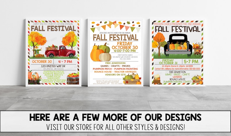 Op de afbeelding: Drie kleurrijke flyers voor een herfstfestival met een rode, zwarte en witte pick-up truck met pompoenen in de laadbak. De flyers adverteren voor gratis toegang, spelletjes, knutselen, prijzen, een pompoenveld, pompoenschilderen, springkussen, tractorritten, verkopers en een pompoenversierwedstrijd.