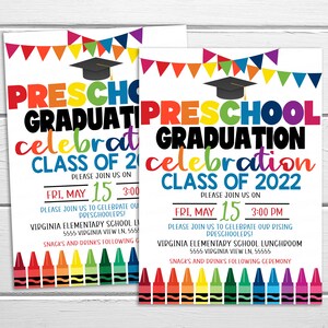 May include: A colorful invitation for a preschool graduation celebration. The invitation features a graduation cap, a rainbow of crayons, and the text "Preschool Graduation Celebration Class of 2022". The event is scheduled for Friday, May 15th at 3:00 PM at Virginia Elementary School Lunchroom.