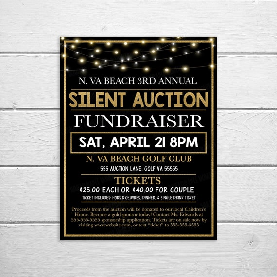 Silent Auction Flyer, Fundraising Event, Community Church School PTO PTA Fundraising, Nonprofit Charity Benefit, Black Tie Gala, Printable Il_570xn