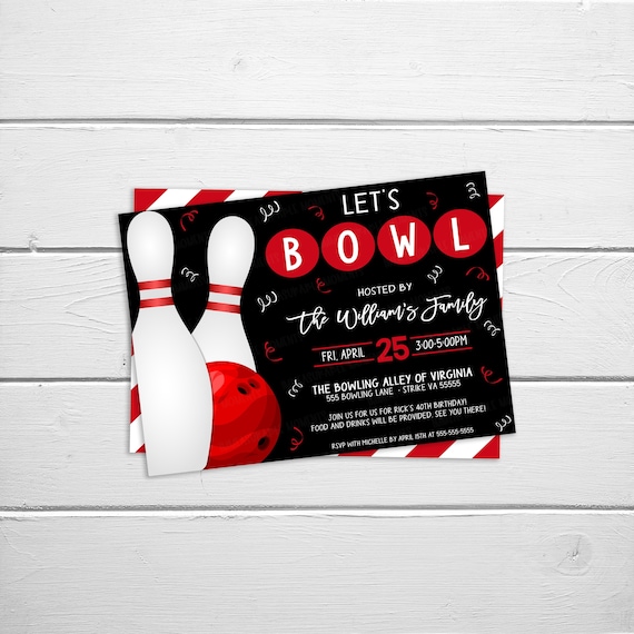 Let's Bowl Bowling Birthday Party Invitation, Bowling Party Card, Adult
