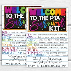 PTA Survival Kit Gift Tag, Welcome To PTA Gift For New Members, Printable Editable, Volunteer Basket Favor, Candy Supplies, PTO Gift Ideas