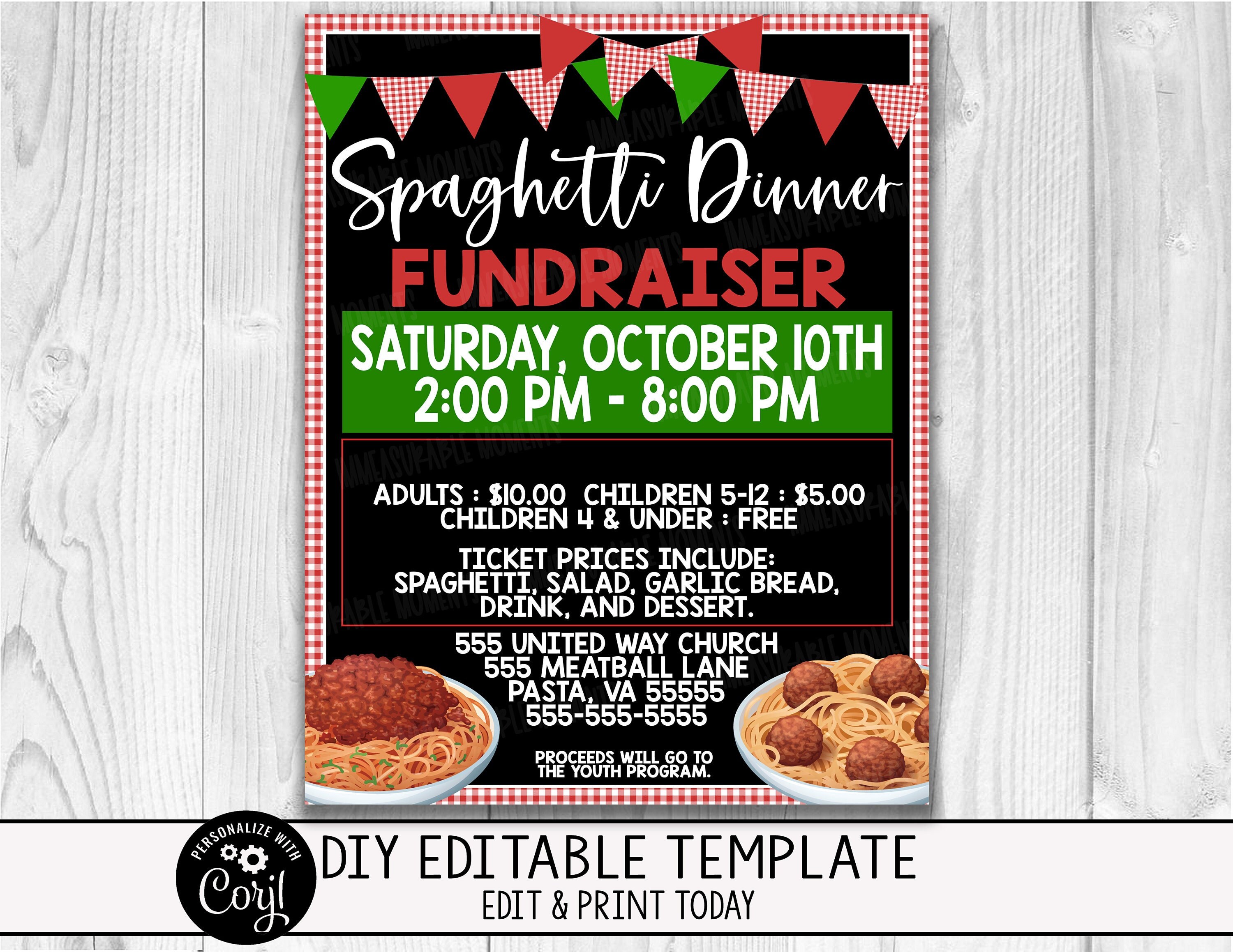 EDITABLE Spaghetti Fundraiser Flyer Church School Business Etsy
