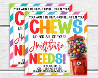 Puede incluir: Una tarjeta de visita colorida con un gráfico de máquina de chicles y el texto "No te decepcionará cuando nos mastiques para todas tus necesidades de atención médica!" The Healthcare Co. Tel: 555-555-5555. healthcareco@email.com
